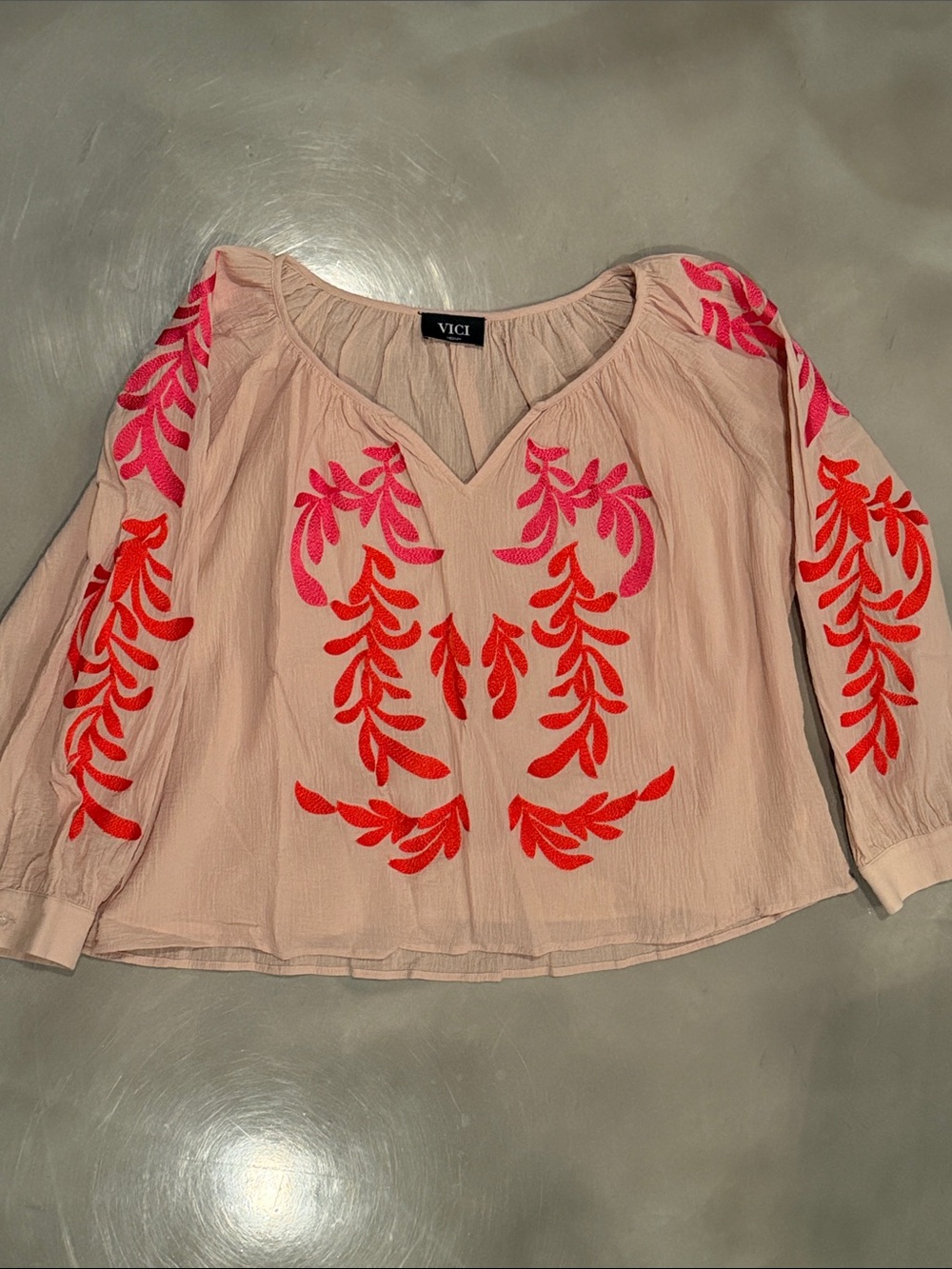 VICI Blush Pink Peasant Blouse with Pink & Orange Embroidery